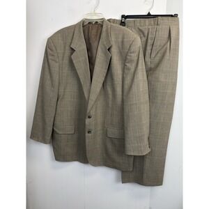 Jeffrey Banks Suit Brown Glen Plaid Wool Men's 48R Blazer 42X27 Pleated Pants‎